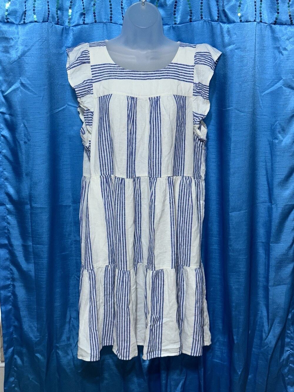 NWT J.Crew Blue White Striped Tiered Linen Blend Ruffle Mini Dress Size 14